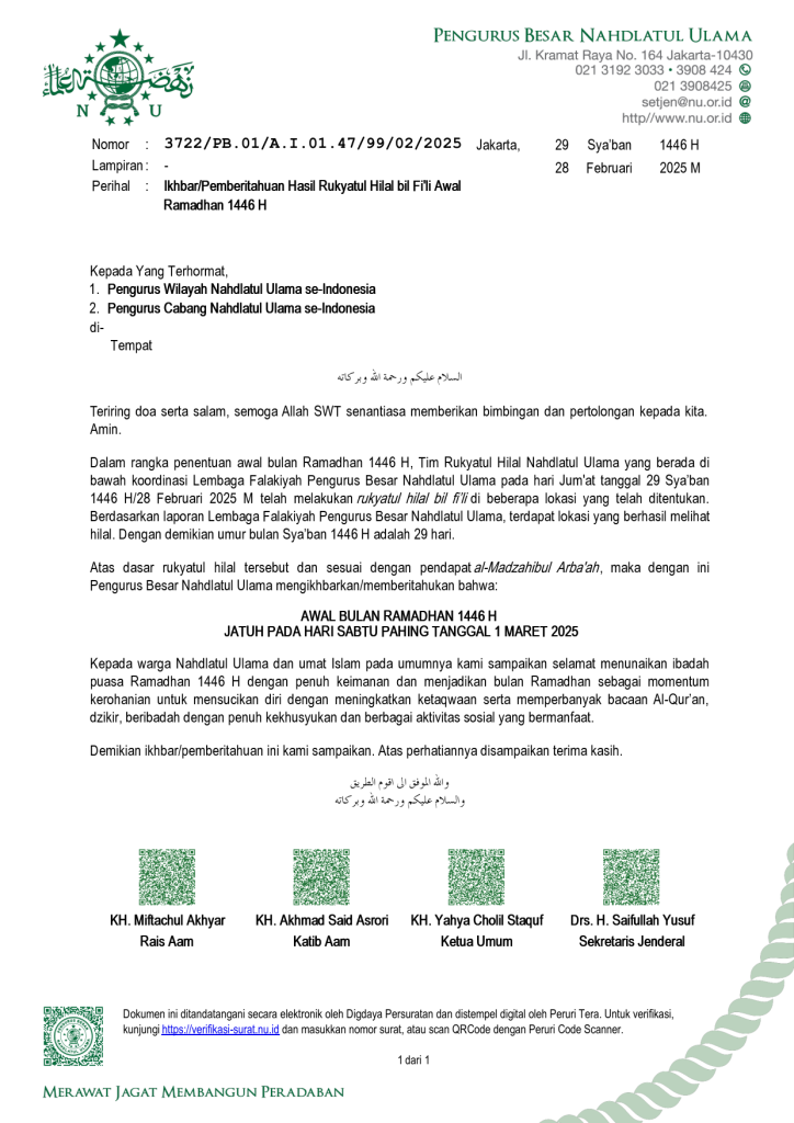 PBNU Ikhbarkan 1 Ramadan 1446 H Jatuh pada Besok